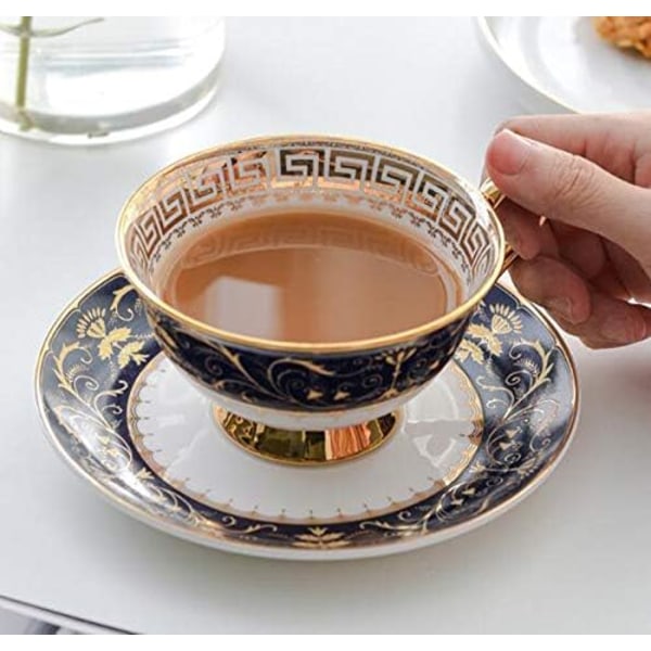 YBK Tech Euro Style Bone China Kop & Underkop Sæt, Keramisk Te Kaffe Kop til Hjem Køkken Bryllup (Royal Mønster - Dyb Blå) Royal Pattern Deep Blue