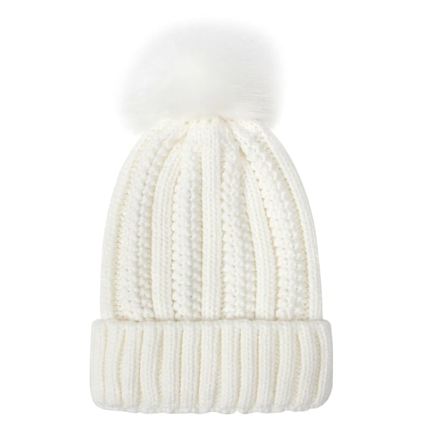 Damestrikket hue med satinfor Pom Pom Vinter Varm Cap Bobble Hat Hår Beskyttende Silkeagtig Stretch Strik Hat, hvid