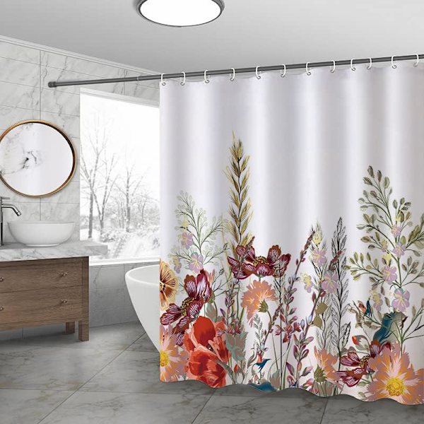 Dusjforheng, Baderomsforheng med 12 kroker, Vanntett polyesterstoff Badekarforheng, Vektet kant, Vaskbar, Hurtigtørkende, Mugg- og muggbeskyttelse Floral