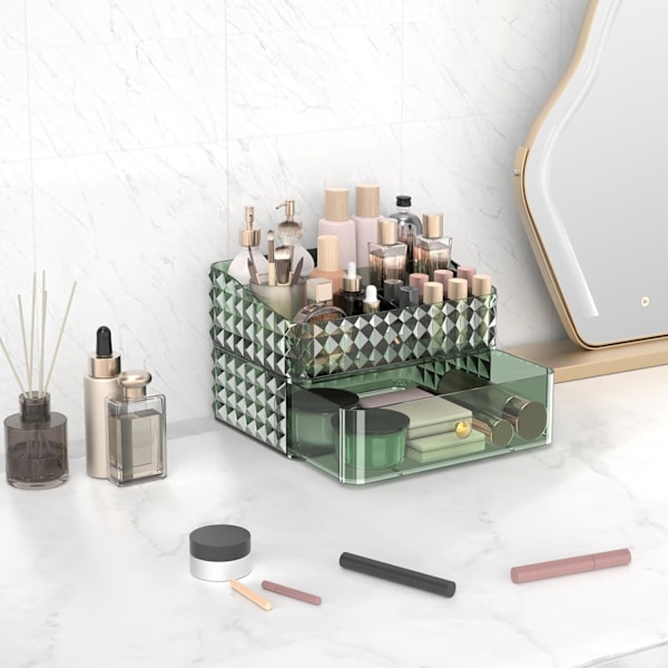 Makeup Organizer til Kommode, Stabelbar Kosmetik Organizer og Opbevaring (Grøn, 1 Skuffe + 1 Bakke) Green 6.85*9.45*6.3"
