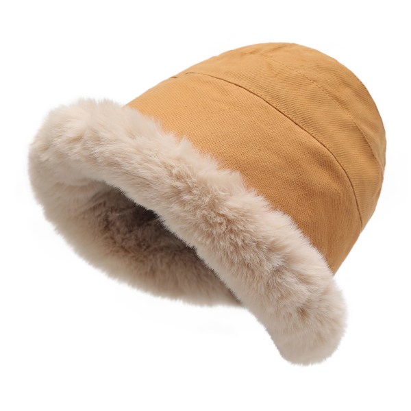 Dam Vinter Furry Bucket Hat Rullad brätte Faux Fur Cloche Hat med Fleecefoder,khaki