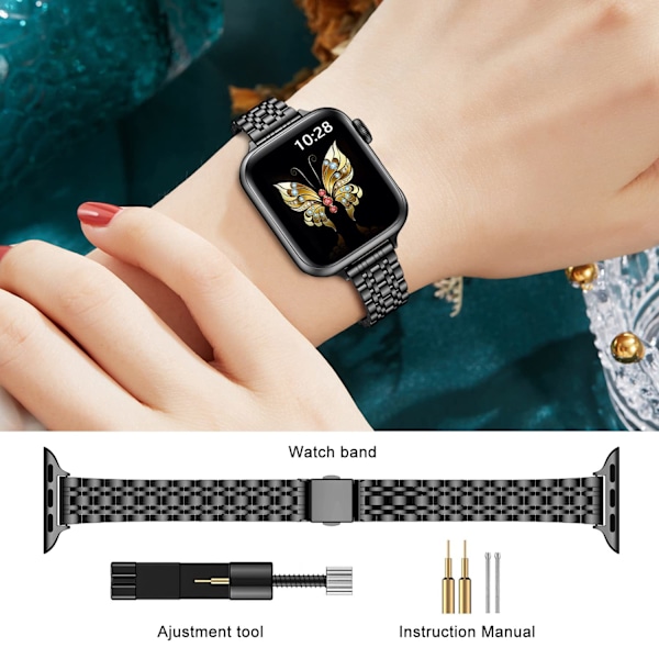 Ultratyndt metalarmbånd kompatibelt med Apple Watch-rem 42 mm (Series 10) 41 mm 40 mm 38 mm, elegant rustfrit stållænke (sort) 38/40/41mm