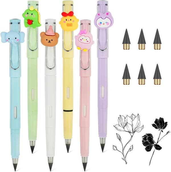 6 Pcs Inkless Pencils, Reusable Eternity Pencil with Replaceable Nib with 6 Replacement Nibs, Portable Infinite Pencil
