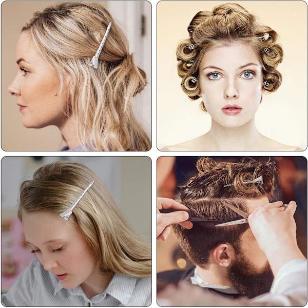24 stk Hårseksjonering Klips med Styling Kam, 3,5 Tommer Andebeak Hårklips Metall Frisør Krøllklips Silver