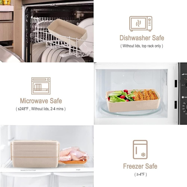Lunch Box, Compartment Container, Wheat Straw, Leak-Proof Stackable Bento Lunch Box Meal Prep