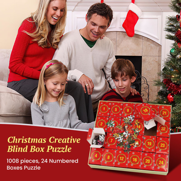 Julepuslespill adventskalender, 1008 stk puslespill for voksne barn,jule adventskalendergaver til dåpsgaver (B)