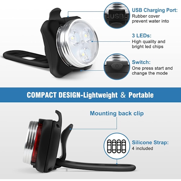 USB Rechargeable Bike Light Set, Super Bright Front Light and Rear LED Bicycle Light, 4 Light Modes