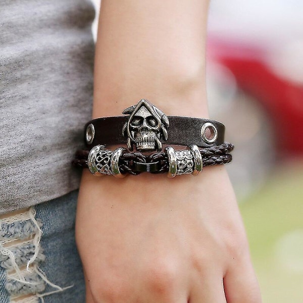 Pärlläder Punk Woven Cowhide Armband Unisex Lovers Vintage Trendig Casual Sportig Punk Skull Brun Religiös repkedja