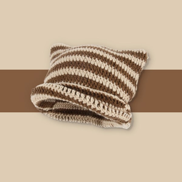 Dam Cat Beanie Stickade Hattar Med Öron Stickade Randiga Vinter Varma Slouchy Elastisk Mössa För Flickor Vuxna Barn Brown khaki One size