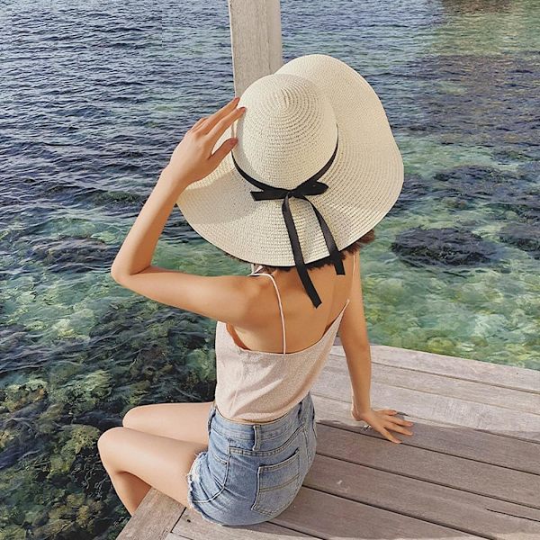 Kvinner Foldbar Floppy Bred Bremskjerm Solhatt Sommer Strandhatt UV UPF 50+ 09Style White