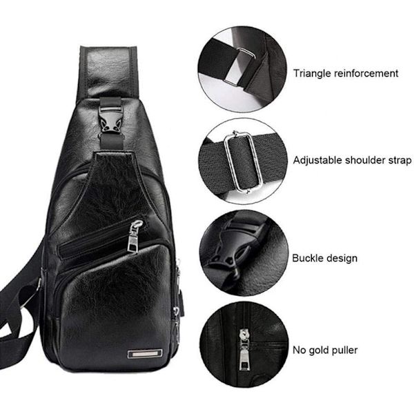 Läder Sling Crossbody Väska Reseryggsäck för Män Kvinnor Liten Axelväska Bröstväskor med USB-laddningsport Utomhus Vandring Camping Dagryggsäckar #21black(pu/Usb)