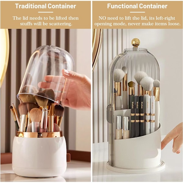 ta Makeup Penselholder Organizer med gennemsigtigt låg 360 roterende glidende åbning Støvfri børsterbeholder til forfængelighed Whte