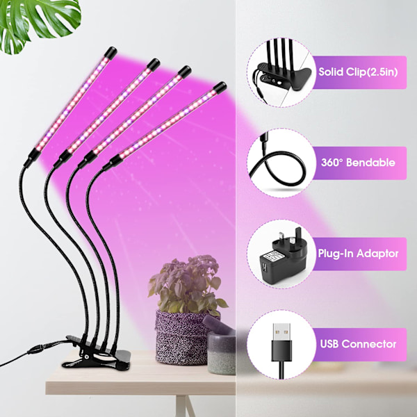 Vækster til indendørs planter, 80 LED'er LED plantelys rød & blå fuldt spektrum, 4 hoveder vækstlamper med timer, frøplanter og sukkulenter
