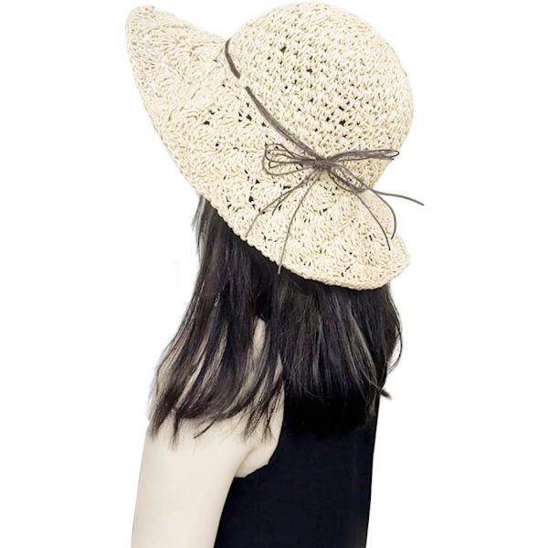 Solhatt i halm för kvinnor, damer, hopfällbar, bredbrättad, med rosett, justerbar, strandhatt, elegant hinkhatt, UPF 50 UV-skydd, bekväm Creamy White One Size