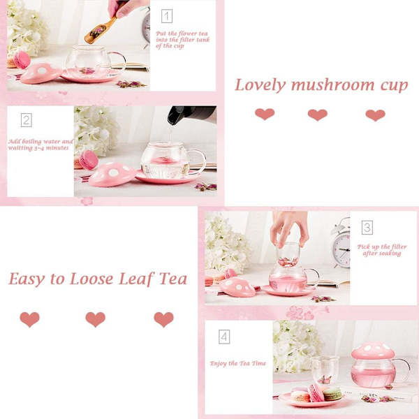 Entonic Sød Svampe Glas Tekop med Infuser og Ske, Klar Kawaii Tekande med Si Filter, Keramisk Låg og Coaster, Varmebestandig Yellow 4 Piece set