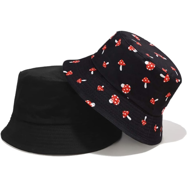 Söpö Bucket Hat Beach Fisherman hatut naisille, käännettävä kaksipuoleinen kuluminen Mushroom Black