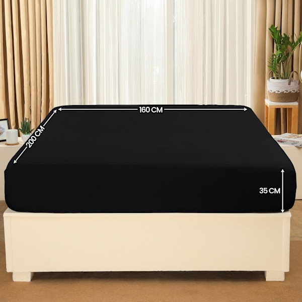 Bedding - Fitted Sheet - Black, 160 x 200 cm - 35 cm Deep Pockets for Thick Mattress - Brushed Microfiber Polyester