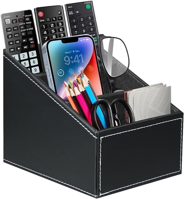 Remote Control Storage, PU Leather Remote Control Holder, Storage Box with 3 Compartments Multifunctional Organizer