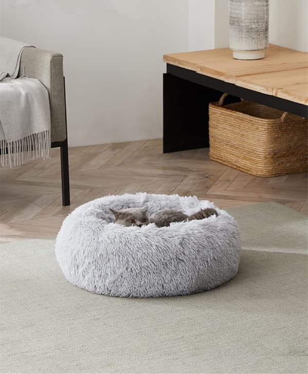 Calming Round Dog Cat Bed Soft and Fluffy Cuddly Pet Cushion Self-Warming Puppy Beds Machine Washable, Grey 50cm