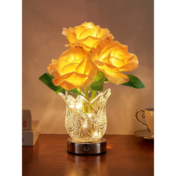 Blomlampa Touch-lampa, dimbar bordslampa uppladdningsbar lampa, Forever Rose-lampa sladdlös lampa med glasvas, liten lampa batterilampa för sovrum L Rose Flower Lamp
