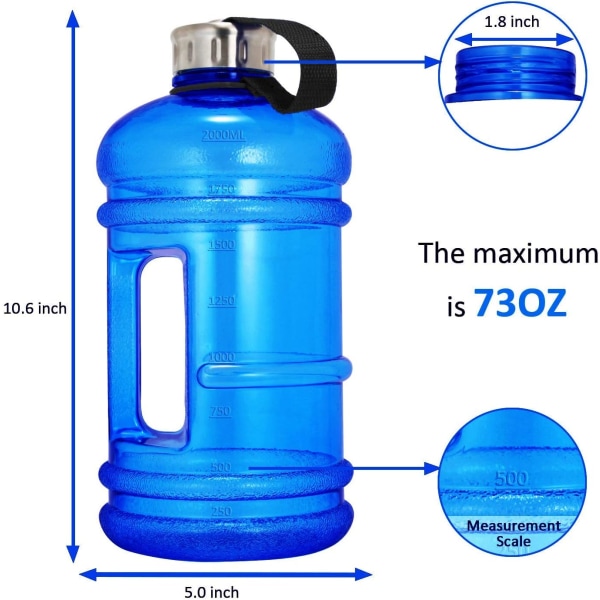 Halv gallons stor vattenflaska, 2,2L/73 OZ stor läckagesäker sportkanna med handtag, enorm BPA-fri PETG plast bred mun dricksbehållare flaska Blue