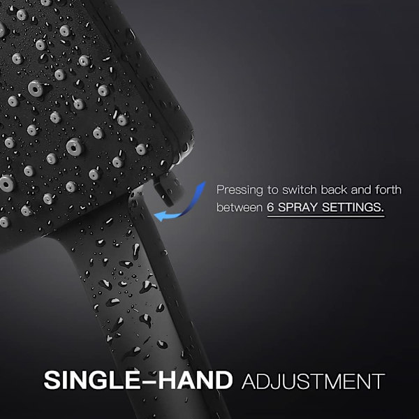 Brusehoved og slange, Newentor brusehoved med højt tryk med 6 spray-enhåndsbetjening, stort sort brusehoved med slange 1,5 m Black Shower Head and Hose Silver Shower Head