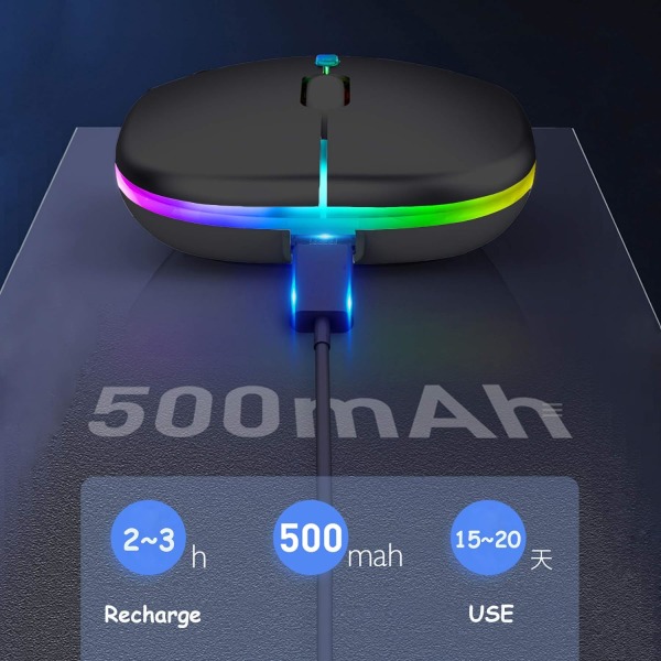 Genopladelig trådløs mus, Bluetooth-mus, to tilstande (BT 5.1 + 2,4G trådløs), ultratynd/lydløs (800-1200-1600), med USB-kabel, trådløs mus Black