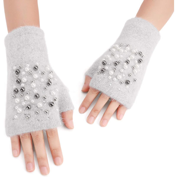 Vinterhandskar för flickor, söta tecknade djurklövar, halvfinger, tjocka & varma, mjuka plysch, korallfleece, snöre, vantar Pearled Light Grey