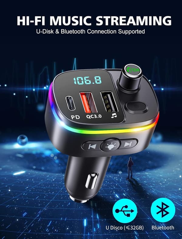 Bluetooth 5.3 Billaderadapter, QC3.0 & PD 18W USB C Billader, 9 RGB Bakgrunnsbelyst Bil Bluetooth-mottaker