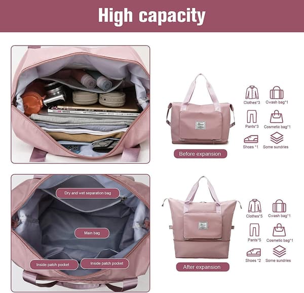 Large Foldable Travel Bag, Lightweight and Waterproof Carry-on Bag with Fixed Strap, Dry and Wet Separation Foldable Travel