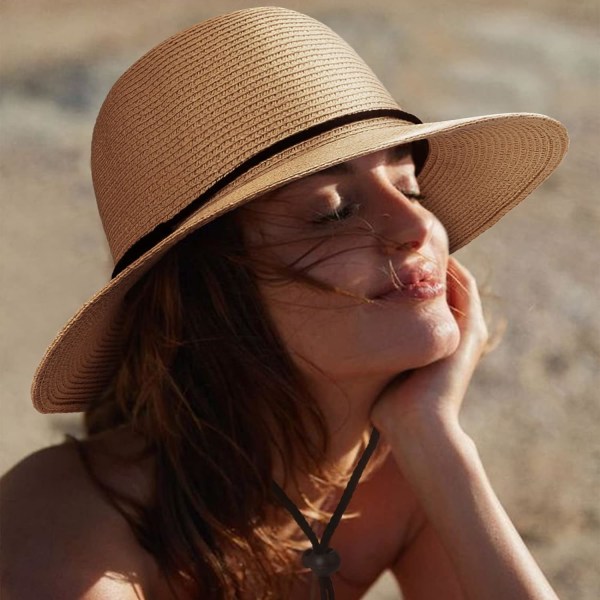 Naisten olkihattu Panama Fedora - Rantahattu leveällä reunuksella - Olkihattu rullattavissa - UPF 50+ Sun Hat: Khaki One Size