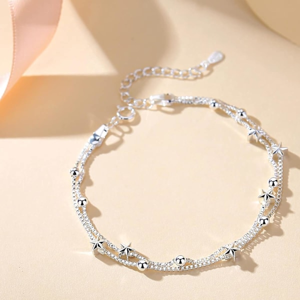 Elegant Mini Stars Perle Charm Armbånd 925 Sterling Sølv Boks Kæde Lagdelt Armbånd, Justerbar Venskab Link Armbånd Smykker til Kvinder Mini Stardaugther