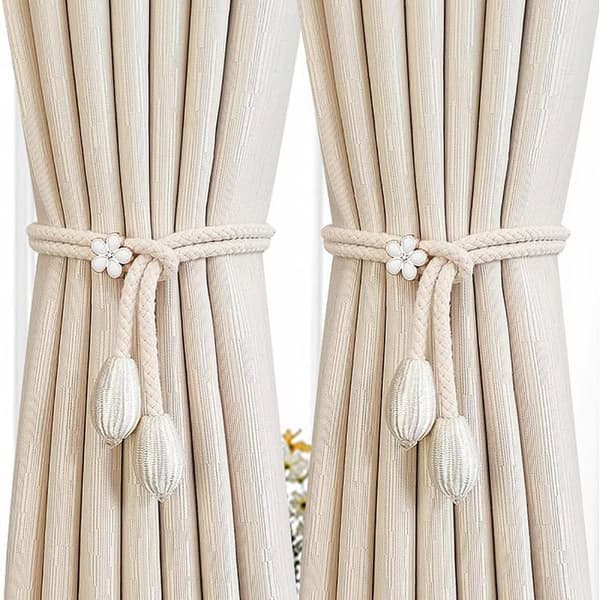 Gardinomtag - Set om 2 - Handgjorda - Beige snöre - 3D blomdesign