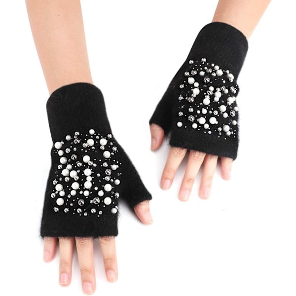 Vinterhandskar för flickor, söta tecknade djurklövar, halvfinger, tjocka & varma, mjuka plysch, korallfleece, snöre, vantar Pearled Black