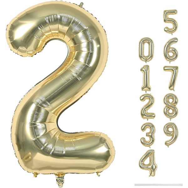 lloon Nummer 2 Champagne Guld, Stor Folie Ljus Guld Nummer Ballonger Set 0-9 för Kvinnor Män, Digital 2 Helium Ballonger för Pojkar Flickor 2:a Födelsedag A Champagne Gold Number 2