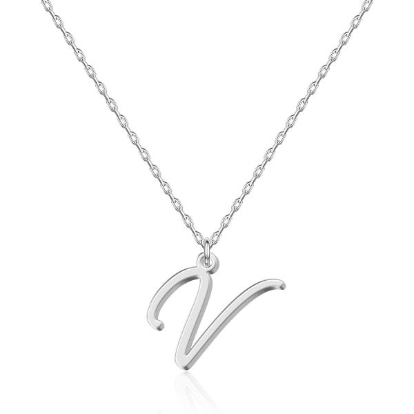 Personligt Halsband med Initial - Handskriven Script Stil Rostfritt Stål Minimalistiska Smycken - Icke-blekande & Hypoallergen - Presentpåse Ingår - 16\" V-silver