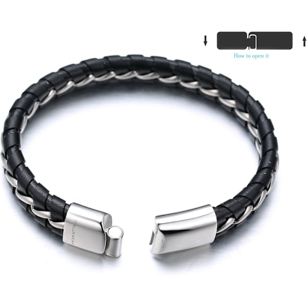 Børn ● Solo Junior ● Drengenes Ægte Læderarmbånd Sort 6-12+3 År. Titanium Guld/Sølv Kæde Magnetisk Spænde 2 Størrelser 7\"+0.7\"(18+1.5cm Silver 18cm