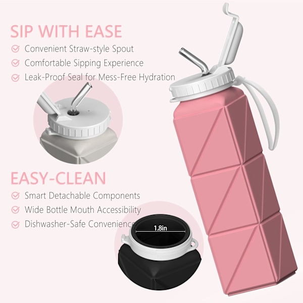 Sammenleggbar vannflaske med sugerør, silikonfoldbar bærbar vannflaske 610 ml lett gjenbrukbar lekkasjesikker for reise camping fotturer sykling Pink