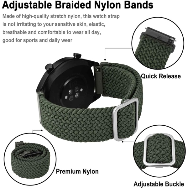 Nylonklockarmband, justerbara flätade öglor för män och kvinnor, 16 mm 18 mm 19 mm 20 mm 22 mm 24 mm att välja mellan Army Green / Silver Buckle 24mm