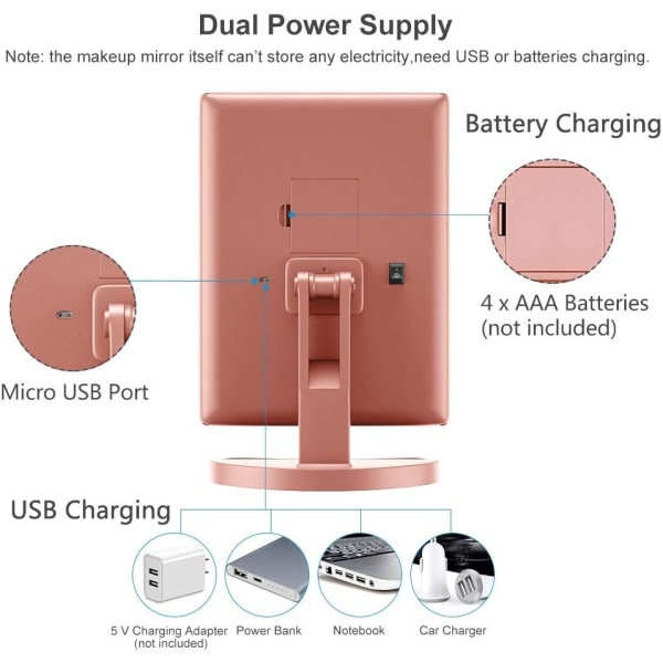 Trefolds makeupspejl, 21 lysdioder og 2X/3X forstørrelse, berøringskontakt til justering af lysstyrke, makeupspejl med dobbelt strømforsyning (roseguld) Rose Gold