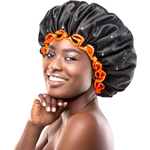 Musta suuri cap naisille pitkille hiuksille, uudelleenkäytettävät vedenpitävät suihkuhatut miehille, kaksikerroksinen pestävä kylpylaki cap kiharille hiuksille 2 kpl Black+Orange XLarge (Pack of 2)