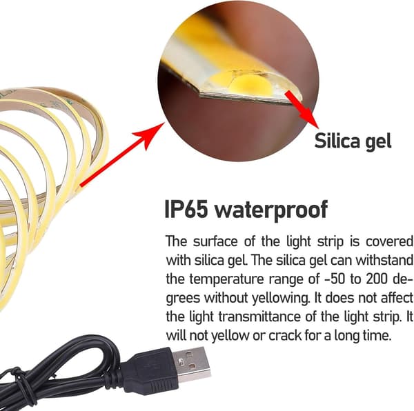 5V USB COB LED-remsa kall vit 6500K IP65 Vattentät CRI 93+ USB-driven 16 ft/5M 320LEDs/M Flexibla LED-stripljus