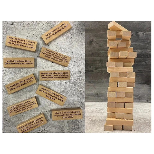 54 stykker spørgsmål Tumbling Tower-spil, kæmpe træstablingsspil med resultattavle, Ice Breaker-spørgsmål