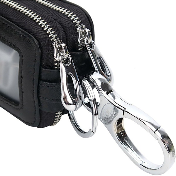 Unisex Premium Lammskinnsläder Nyckelring Fodral Dubbel Dragkedja Bil Nyckelring Plånbok Myntväska Svart Black Woven Pattern