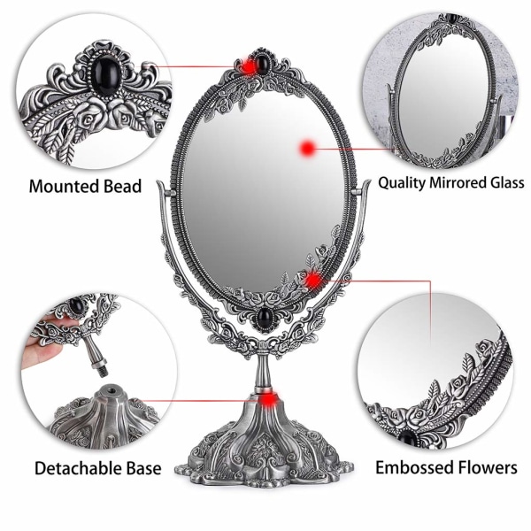 Makeup Spejl Vintage Spejl Oval Dobbeltsidet Roterbart Dressing Spejl Skrivebordsvask Dekorativ Stående Bordplade (Lille, Sølv)