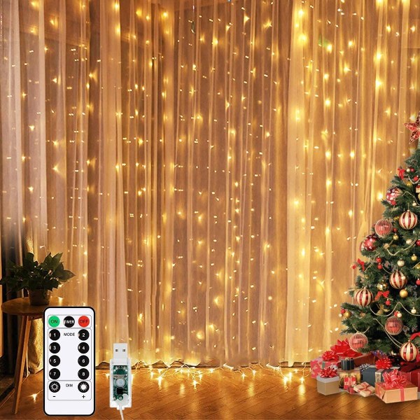 LED-vindusgardin Fairy Twinkle Lights, 3mx3m 300leds USB-drevet 8 moduser istaplys med fjernkontroll