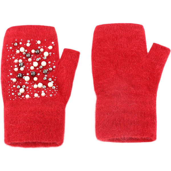 Vinterhandskar för flickor, söta tecknade djurklövar, halvfinger, tjocka & varma, mjuka plysch, korallfleece, snöre, vantar Pearled Red