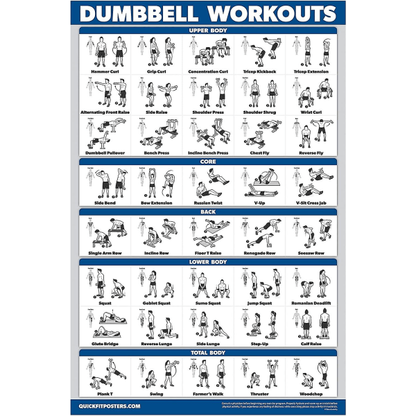 Wabjtamcourt Learning Dumbbell Workout Plakat - Lamineret - Gratis Bodyweight Fitness Guide | Hjem Fitness Chart | Dobbeltsidet - 45cm X 60cm