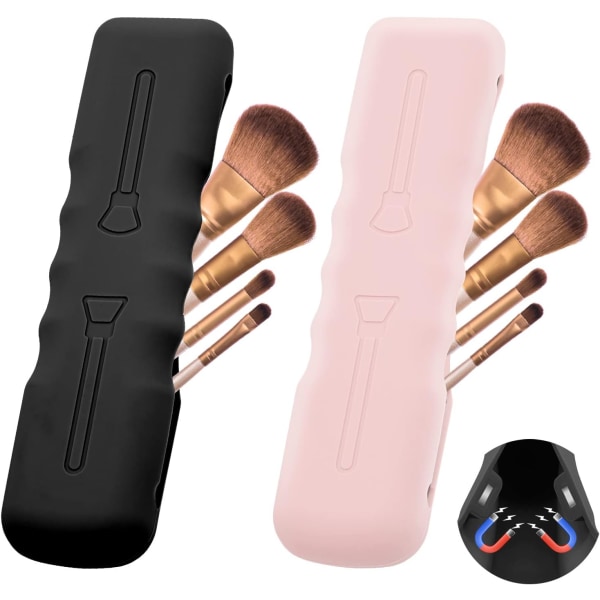 rush Svampeholder, Silikone Makeup Pensel Covers Taske Rejse Beauty Blender Holdere Sugede Tørrestativ, Magnetisk Makeup Pensler Etui Organizer fo Pink+Black