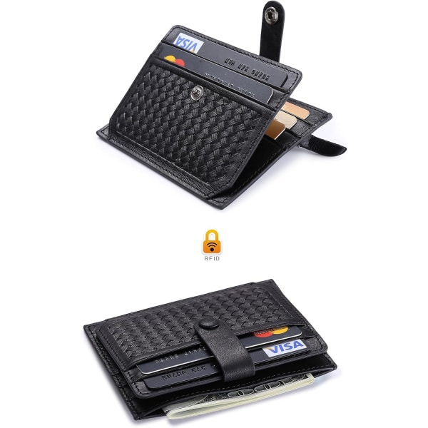 Korthållare i äkta läder, svart bifold plånbok, RFID NFC-blockering med myntficka med täckt knapp för män Black